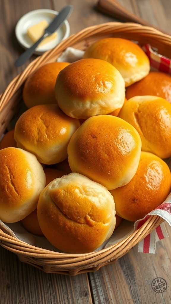 A basket of golden brown yeast rolls, brushed with butter, on a wooden table with a dish of butter.